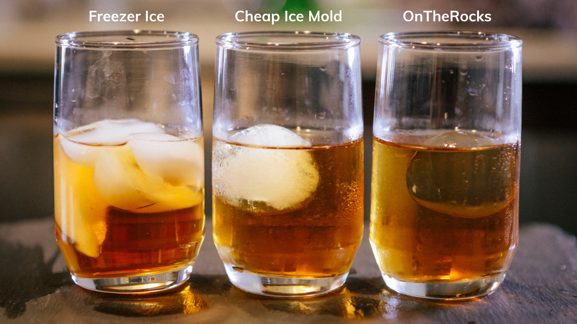 Examples of cloudy freezer ice compared to perfectly clear ice spheres made by the OnTheRocks Ice Box