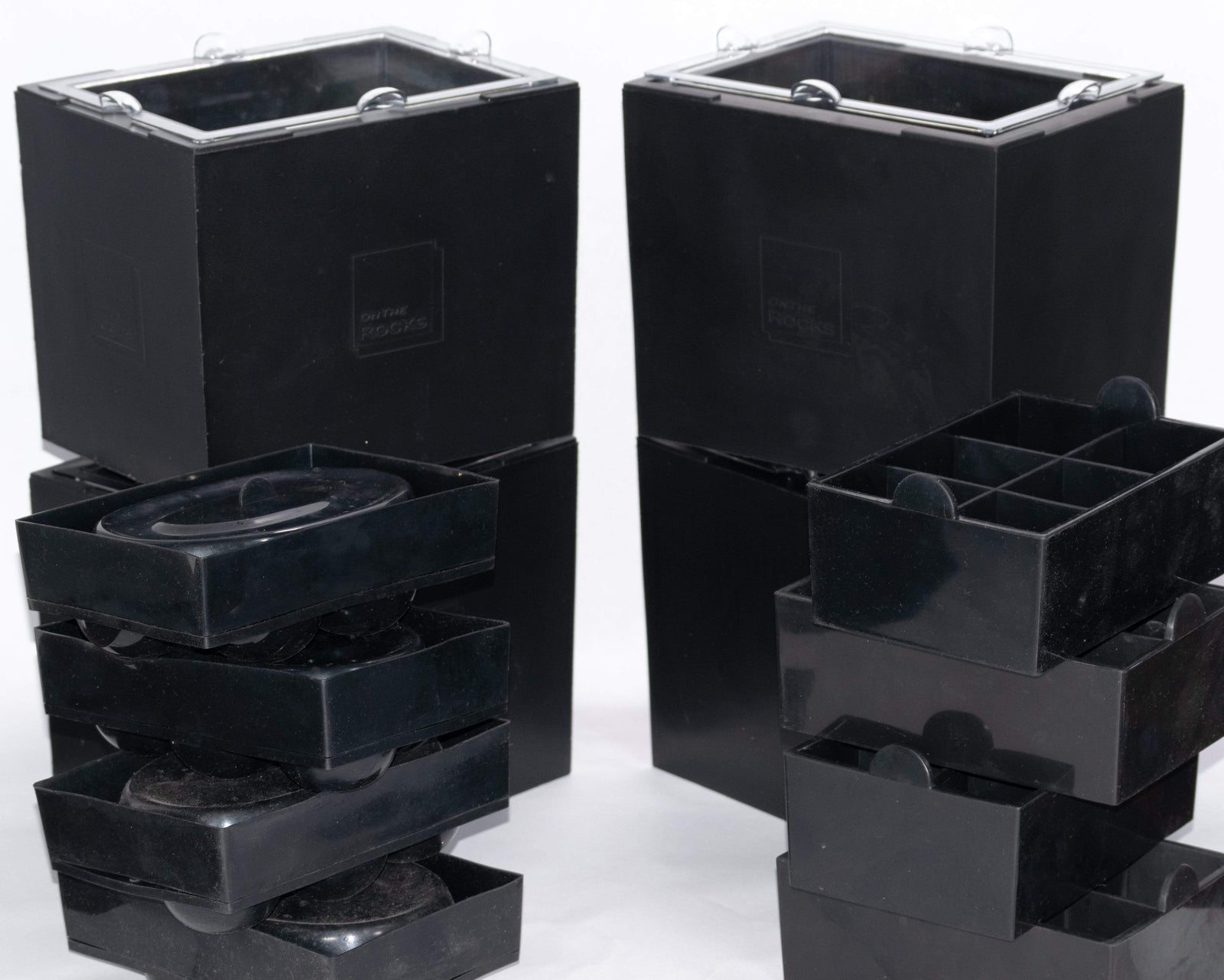 4 sets of the OnTheRocks IceBox to make clear ice at home including sphere and cube trays to make large perfectly clear ice cubes and spheres